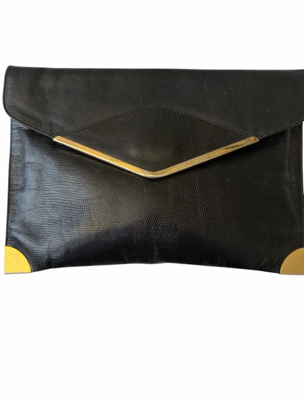 Vintage Phillippe Black Leather Envelope Clutch with Gold Accents